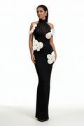 LLstyle Black 3D Floral Halter Gown