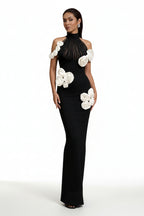 Virelle Black 3D Floral Halter Gown