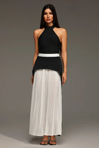 Black & White Halter Pleated Maxi Dress