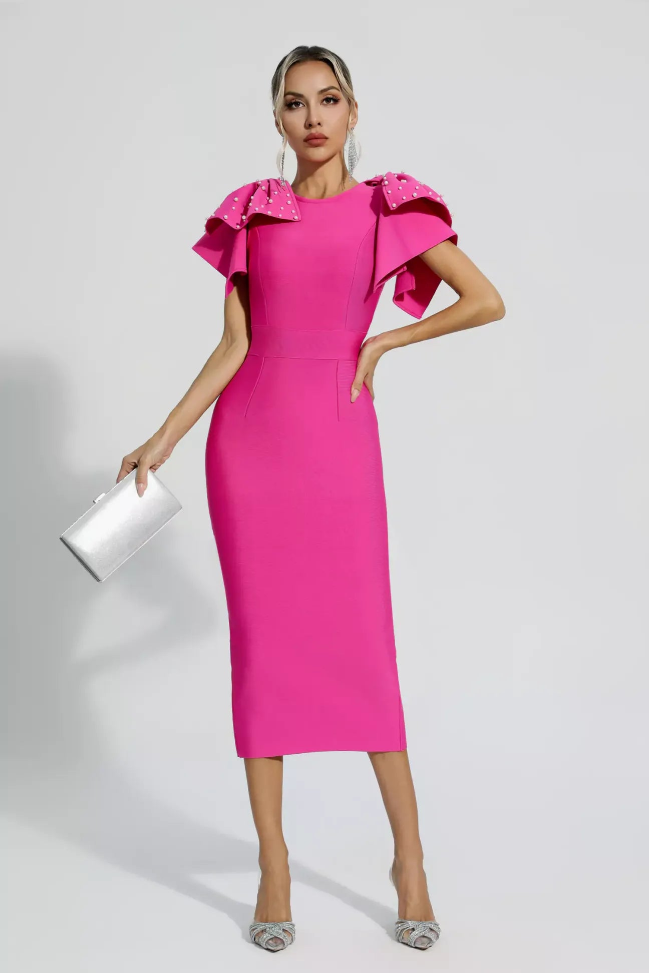 LLstyle Fuchsia Pearl Cape Sleeve Midi Dress