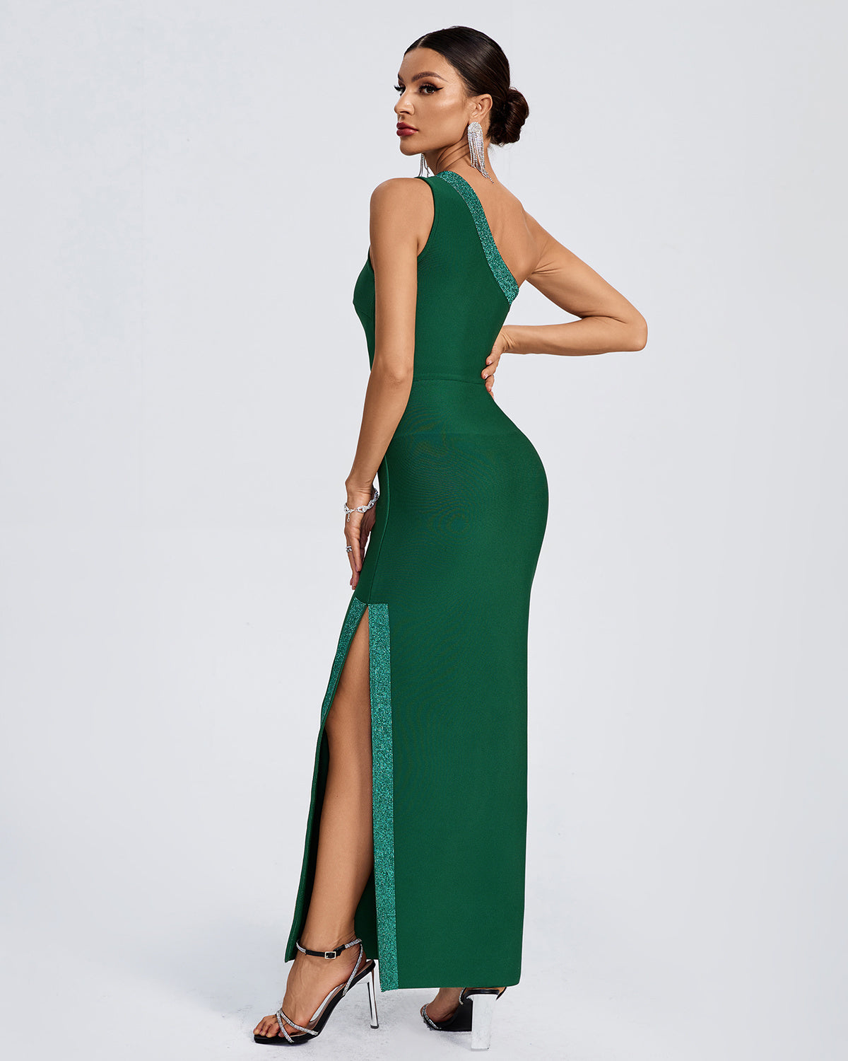 LLstyle Emerald One-Shoulder Sparkle Trim Gown