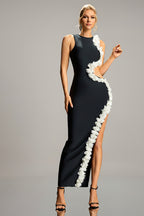 Floral Trim Cutout High-Slit Evening Dress