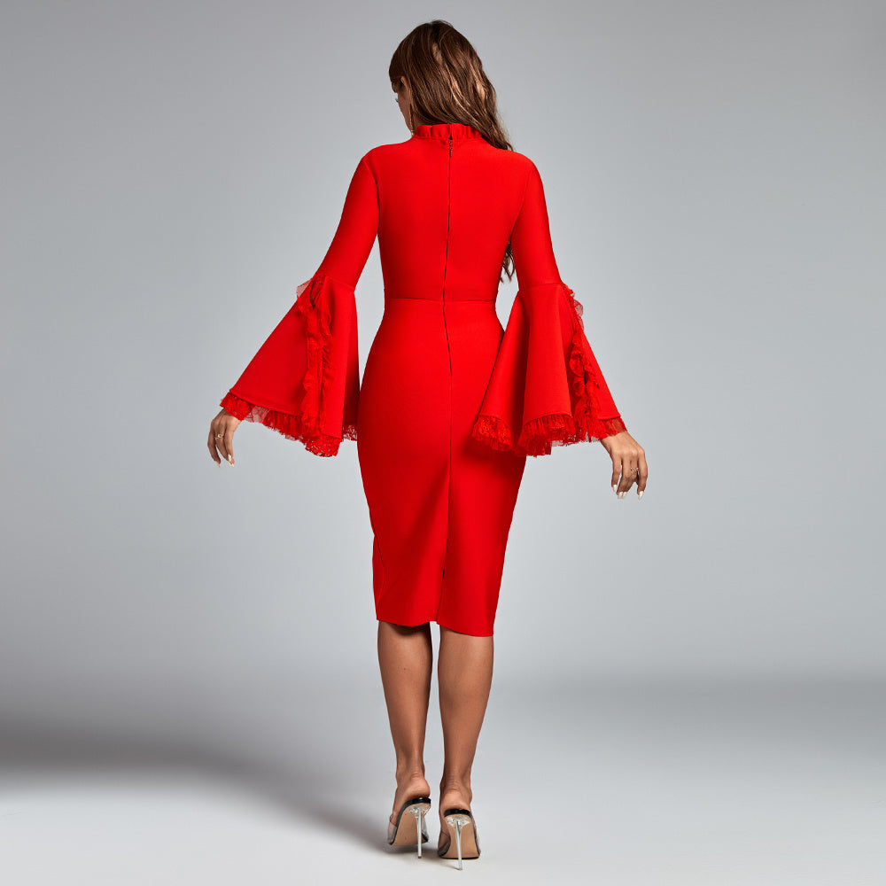 LLstyle Red Flare Sleeve Midi Dress