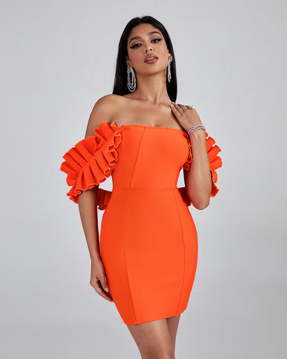 LLstyle Orange Off Shoulder Ruffle Mini Dress