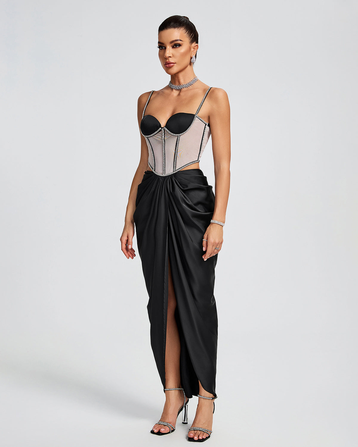 LLstyle Rhinestone Corset Satin Maxi Dress