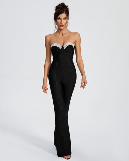 LLstyle Black Strapless Crystal Bust Jumpsuit