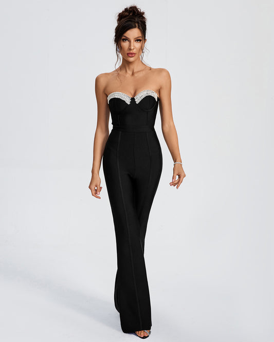 LLstyle Black Strapless Crystal Bust Jumpsuit