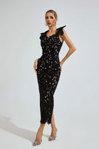 Galilea Black Lace Bow-Shoulder Midi Dress
