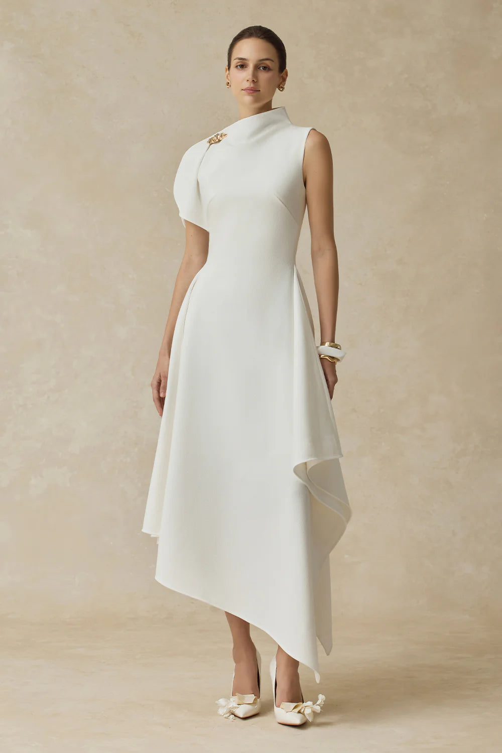 Delilah White High-Neck Midi Dress