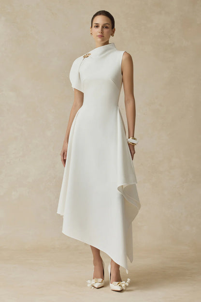 LLstyle White Asymmetrical High-Neck Midi Dress