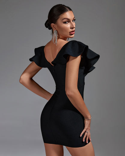 LLstyle Black Ruffle Deep V Mini Dress
