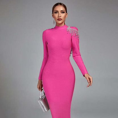 LLstyle Pink Crystal Backless Maxi Dress