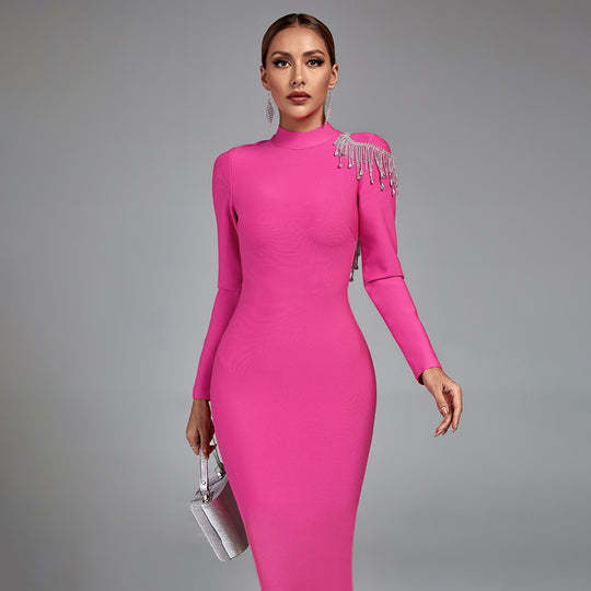 LLstyle Pink Crystal Backless Maxi Dress