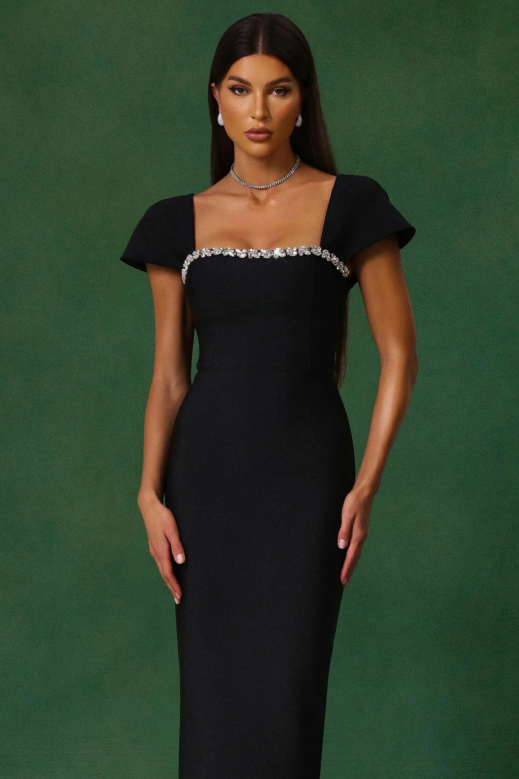 LLstyle Black Crystal-Trim Square-Neck Maxi Dress