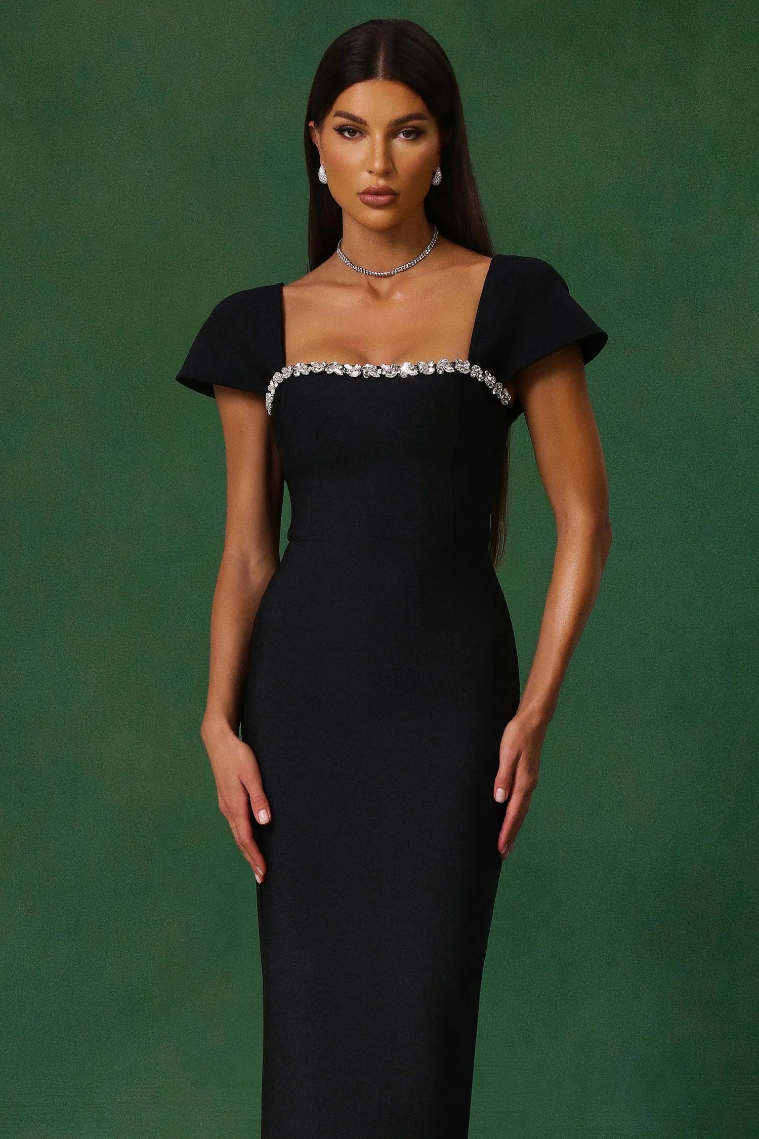 LLstyle Black Crystal-Trim Square-Neck Maxi Dress