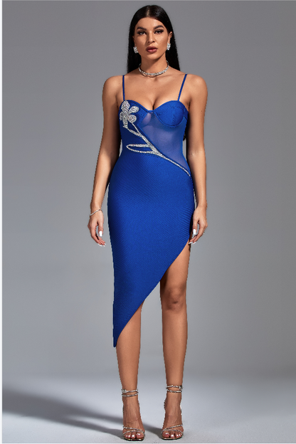 LLstyle Blue Asymmetric Flower Appliqué Dress