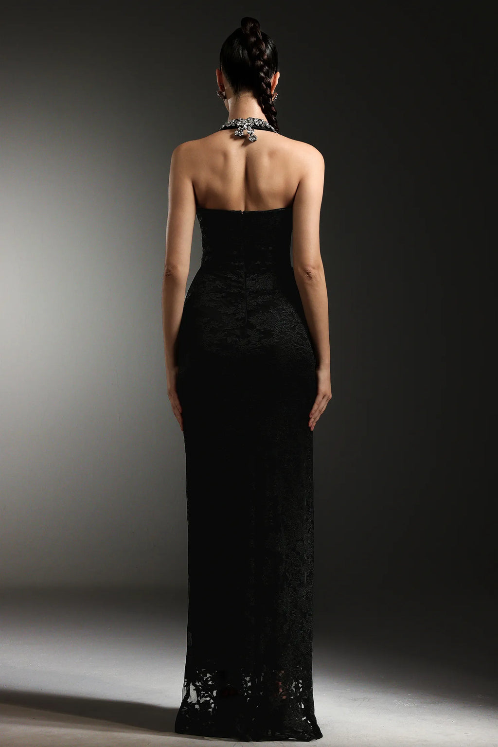 Crystal-Embellished Lace Halter Gown