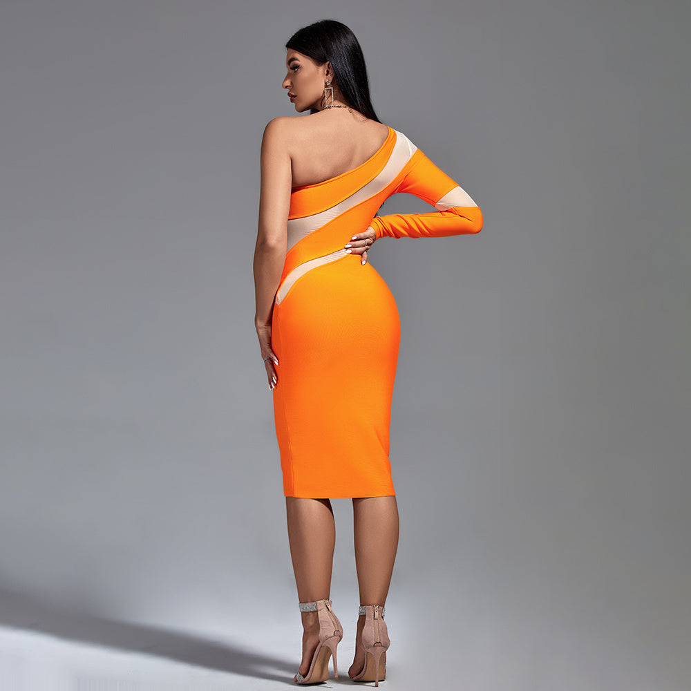 LLstyle Neon Orange One-Shoulder Mesh Panel Midi Dress