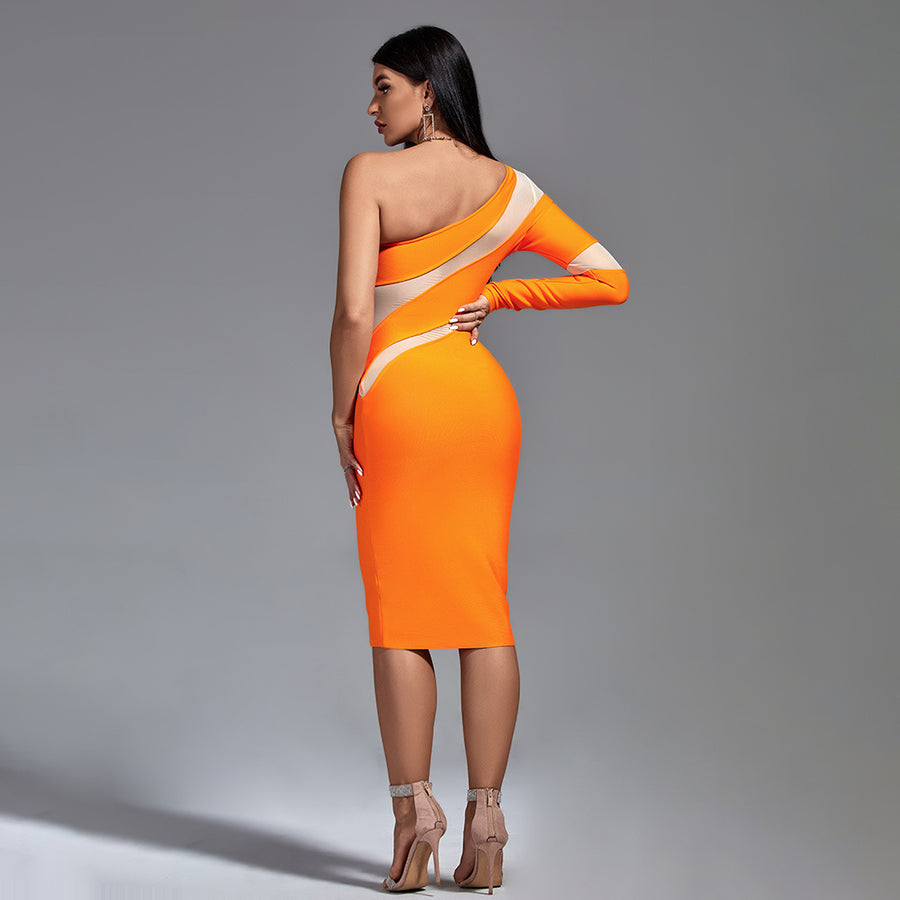 LLstyle Neon Orange One-Shoulder Mesh Panel Midi Dress