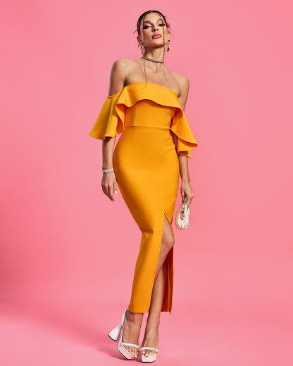 LLstyle Off Shoulder Golden Ruffle Dress