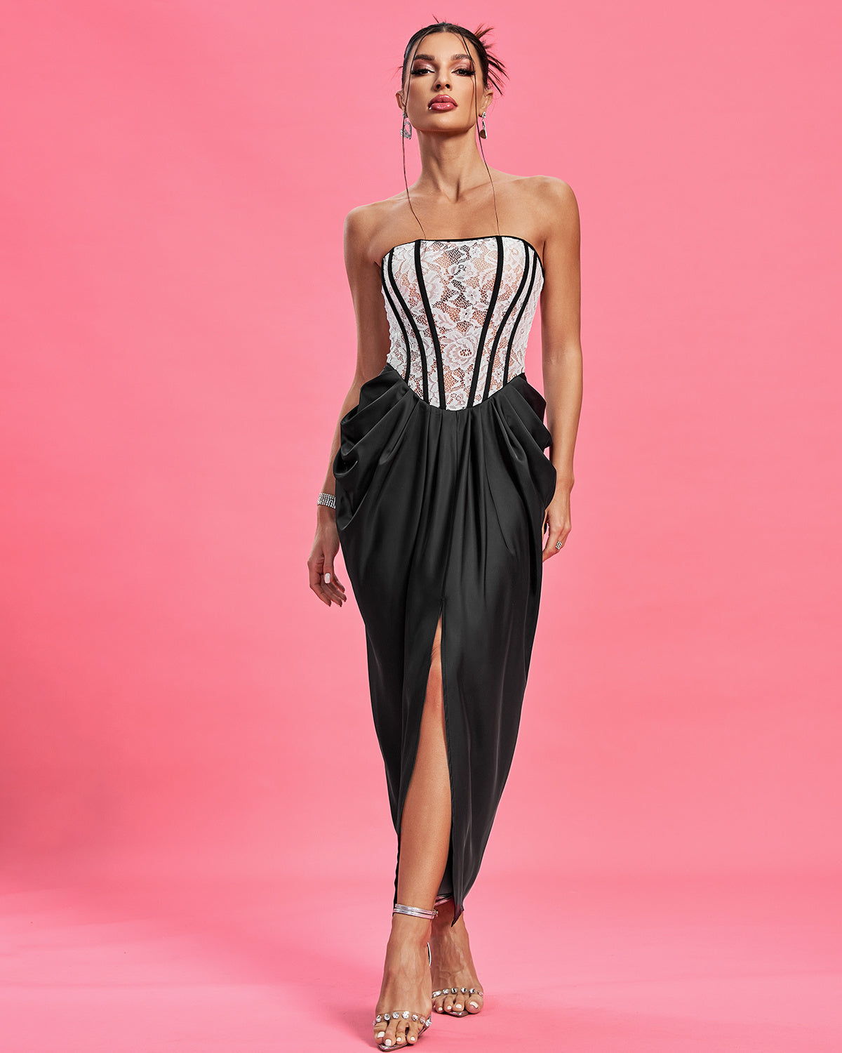 LLstyle Black & White Lace Corset Maxi Dress