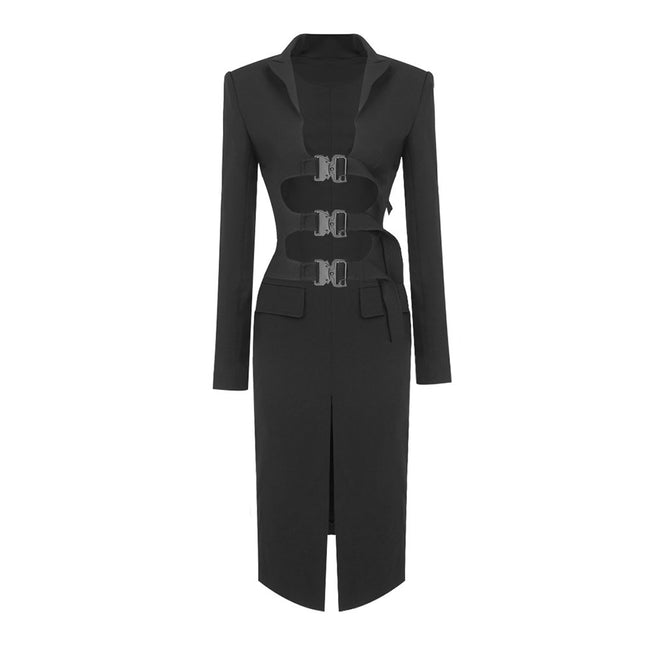 LLstyle Noir Buckle Blazer Midi Dress