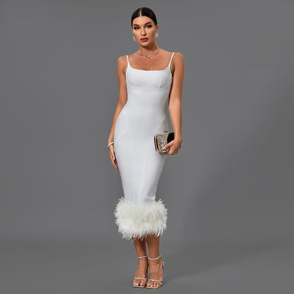 LLstyle White Feather-Hem Midi Dress