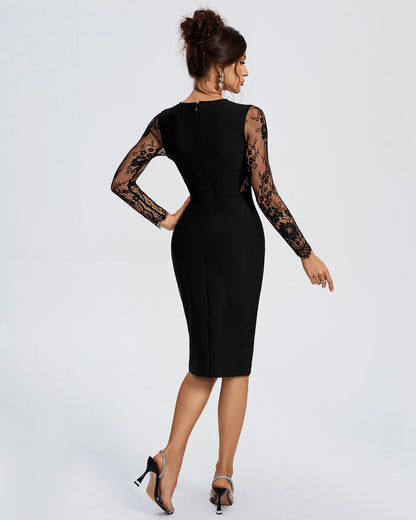 LLstyle Black Lace-Sleeve Midi Dress