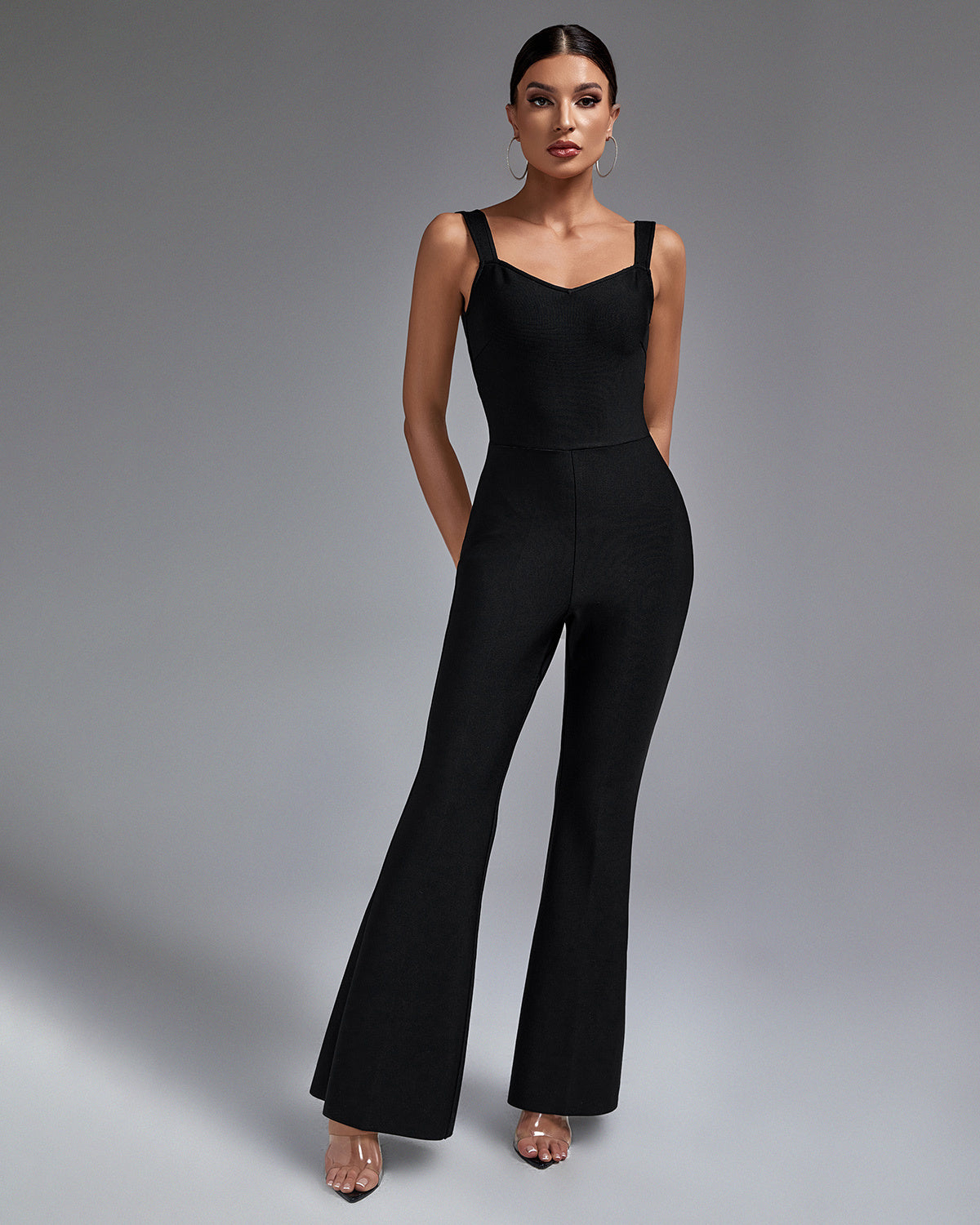 LLstyle Black Wide-Strap Flare-Leg Jumpsuit