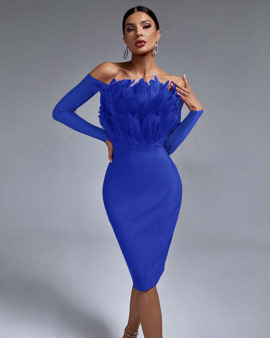 LLstyle Royal Blue Feather Off Shoulder Midi Dress