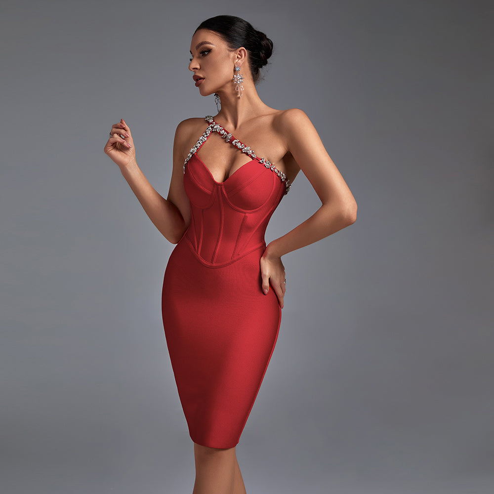 LLstyle One Shoulder Embellished Red Corset Midi Dress
