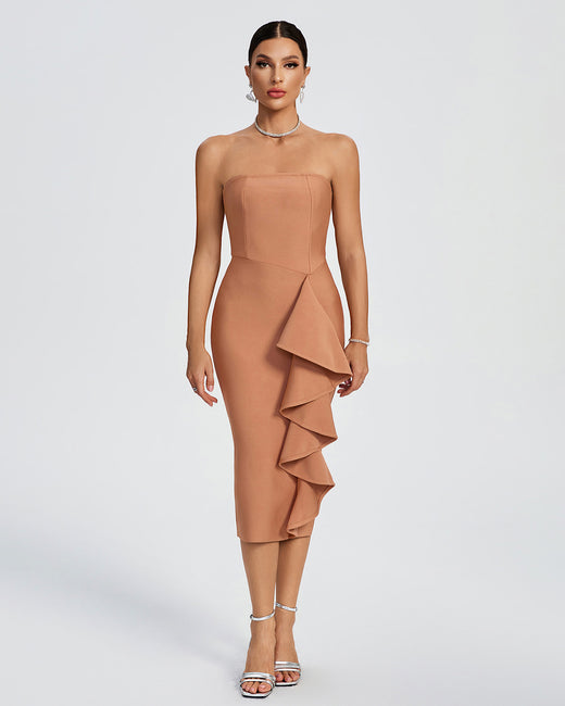 LLstyle Nude Strapless Ruffle-Detail Midi Dress