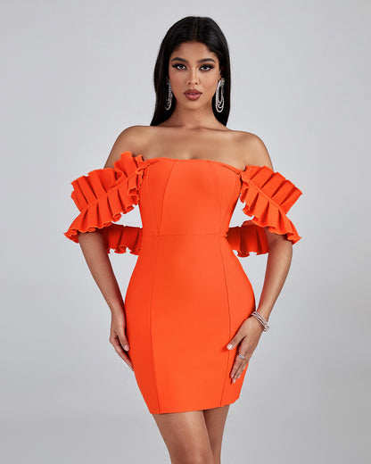 LLstyle Orange Off Shoulder Ruffle Mini Dress