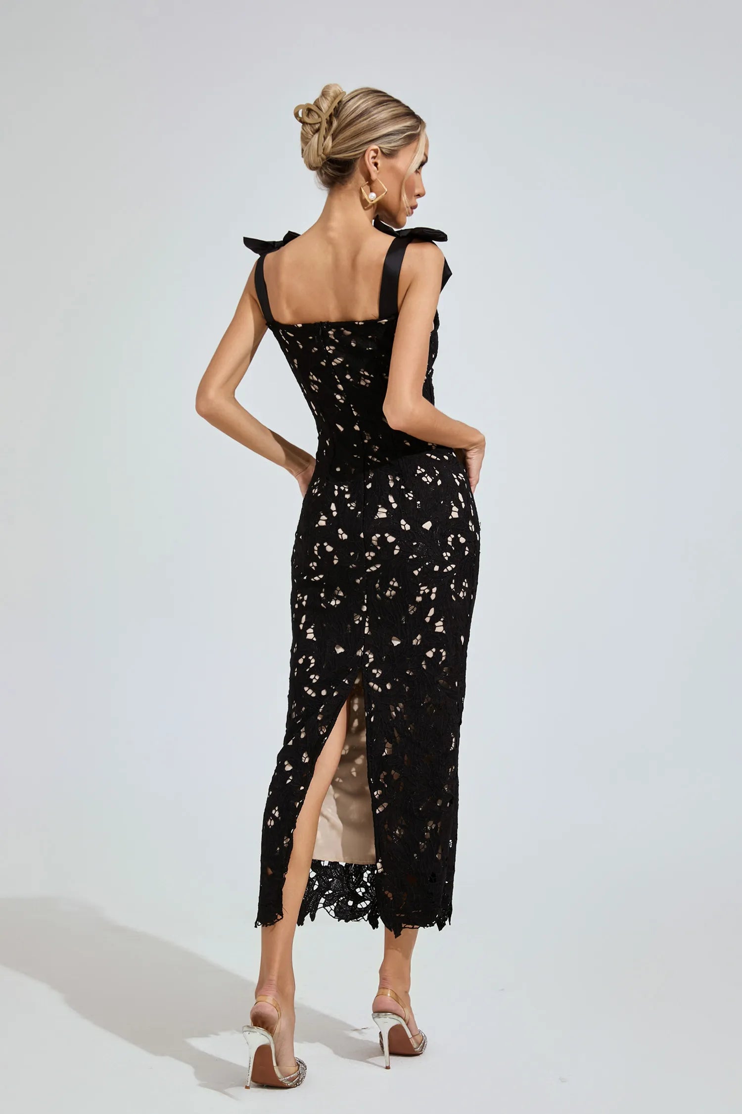 LLstyle Black Lace Bow-Shoulder Midi Dress