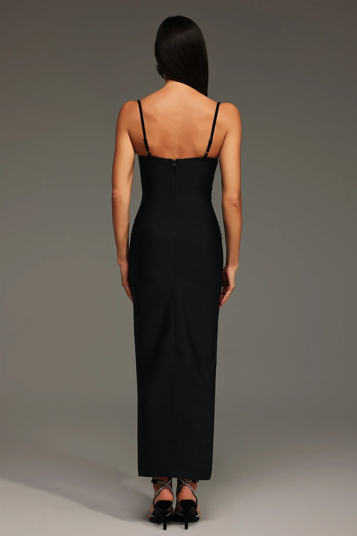 LLstyle Crystal Chain Embellished Sheer Panel Maxi Dress