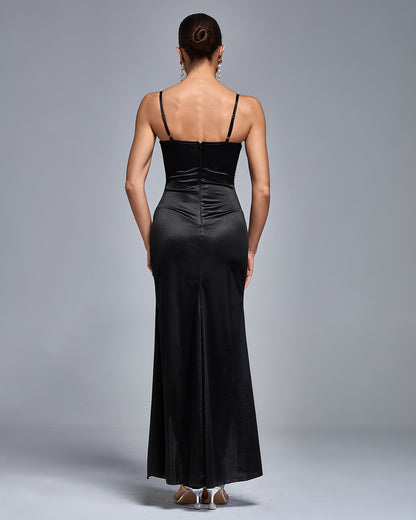 LLstyle Black Satin Crystal-Strap Slit Gown
