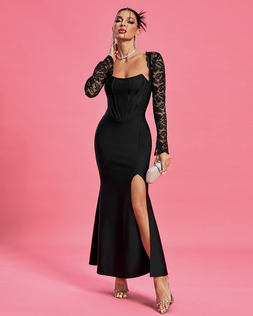 LLstyle Black Lace Corset Maxi Dress