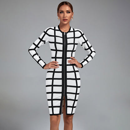 LLstyle Black and White Grid Belted Dress