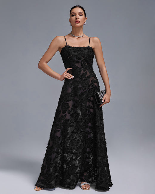 LLstyle Black Sheer Lace Slip Maxi Dress