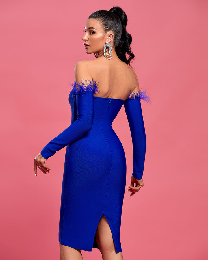LLstyle Feather-Trim Off-Shoulder Bodycon Midi Dress