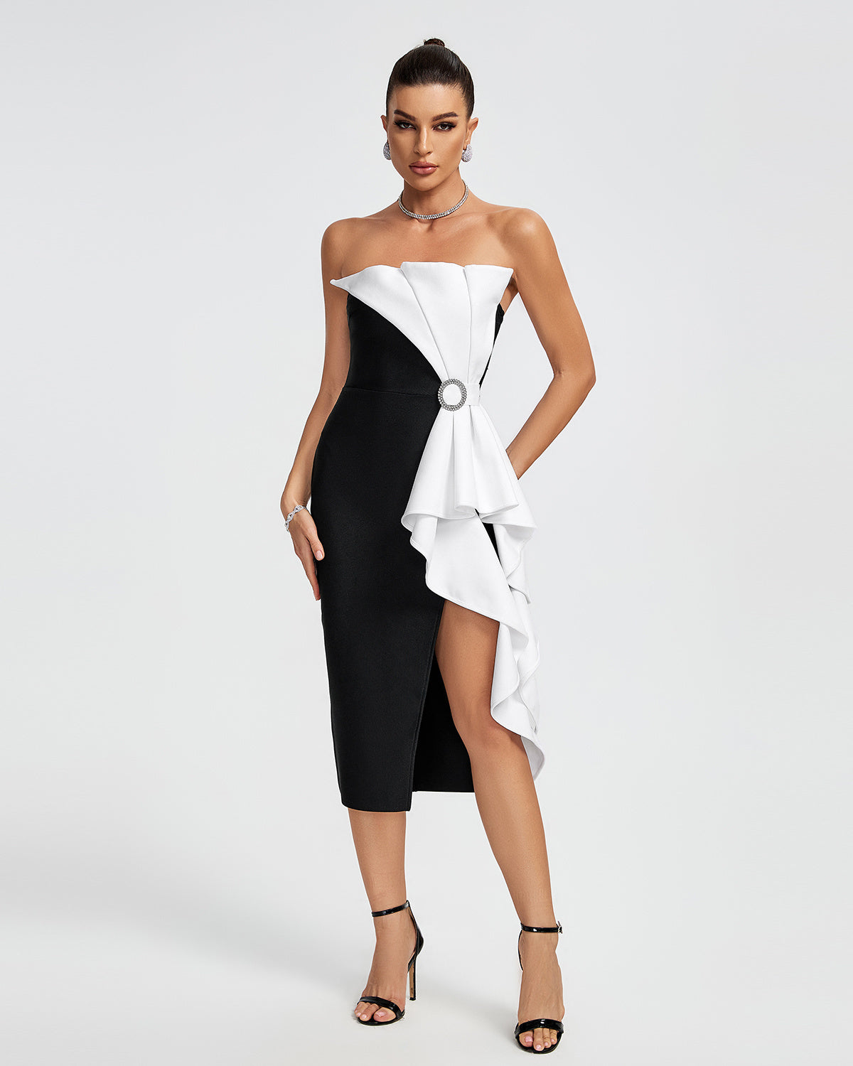 LLstyle Black and White Ruffle Midi Dress