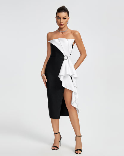 LLstyle Black and White Ruffle Midi Dress
