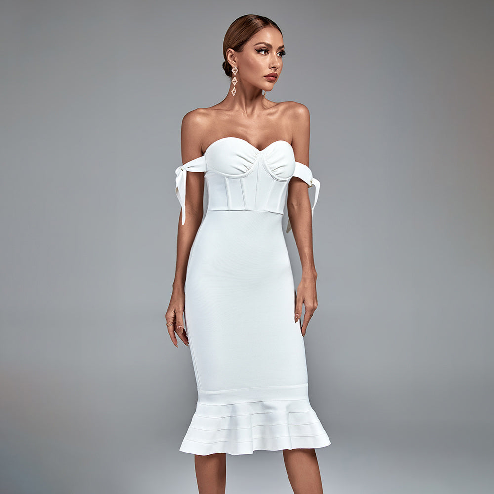 LLstyle White Off-Shoulder Sweetheart Midi Dress