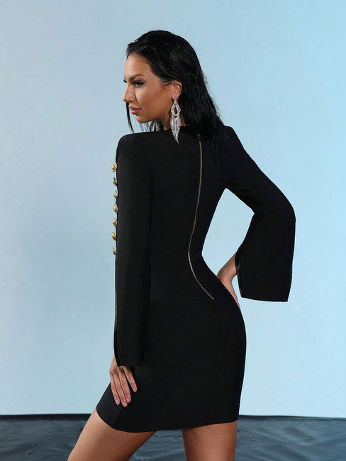LLstyle Black Gold-Button Cape Sleeve Midi Dress