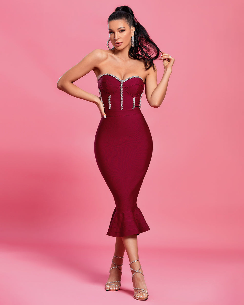 LLstyle Strapless Embellished Midi Dress