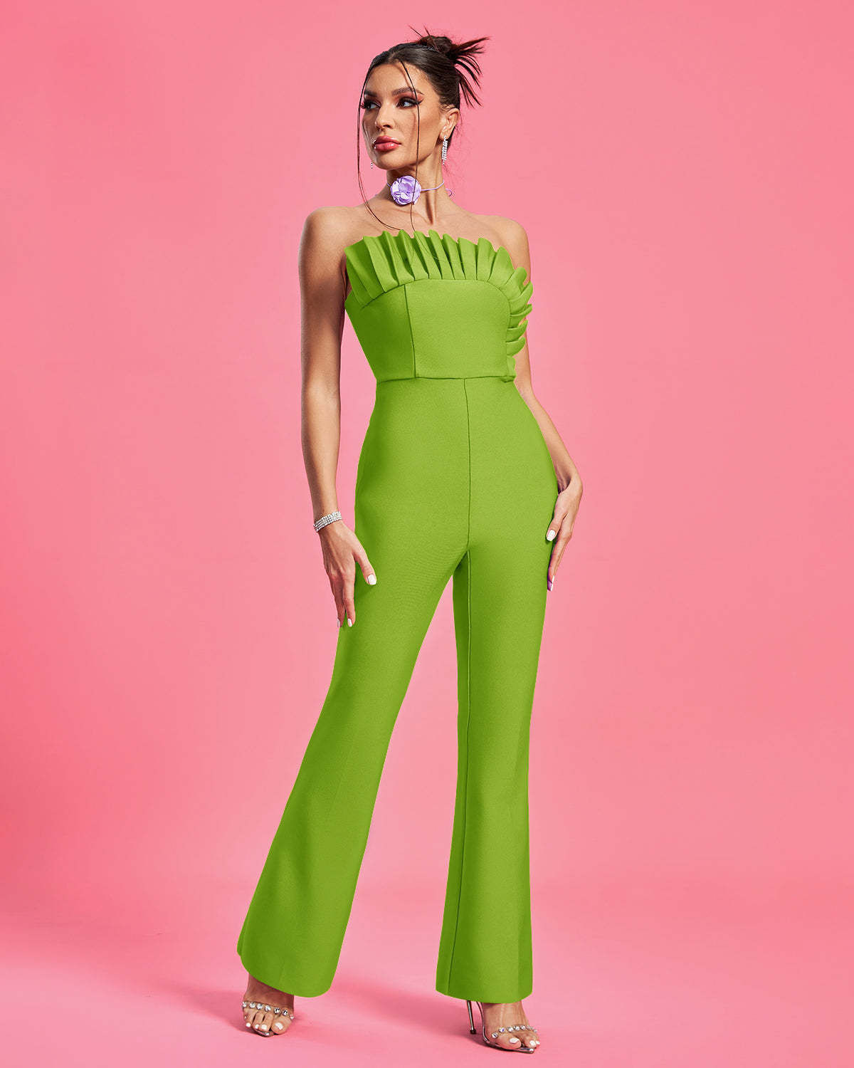 LLstyle Green Strapless Ruffle-Bodice Wide-Leg Jumpsuit