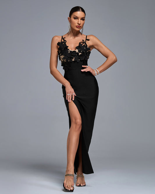 LLstyle Black 3D Floral Appliqué Slit Dress