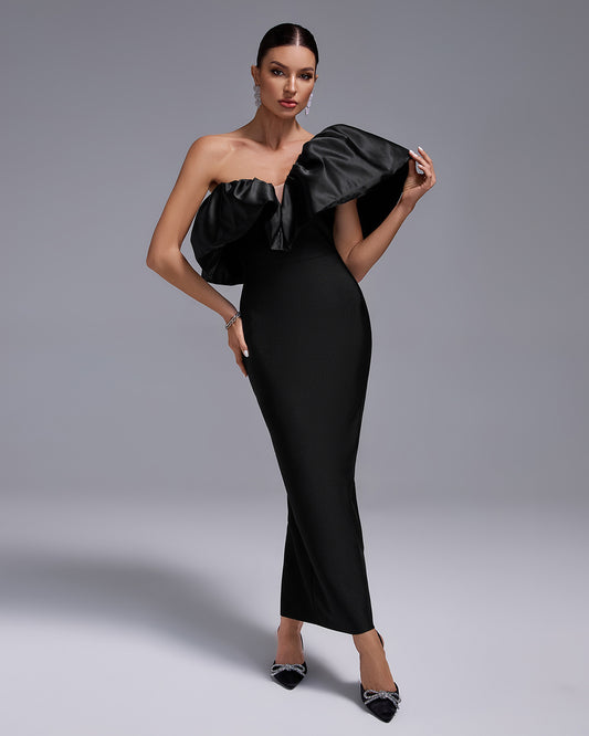 LLstyle Black One-Shoulder Ruffle Maxi Dress