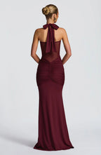 Dio Burgundy Halter Mesh Maxi Dress
