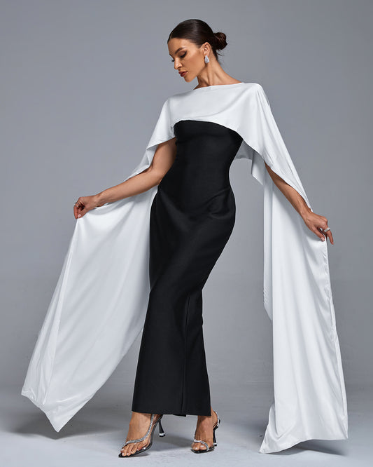 LLstyle Black Strapless Gown with White Draped Cape